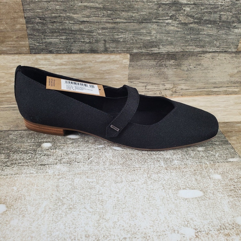 TOMS Bianca Womens Mary Jane Flats Sz 9.5 Black Comfort Square Toe Block Heel
